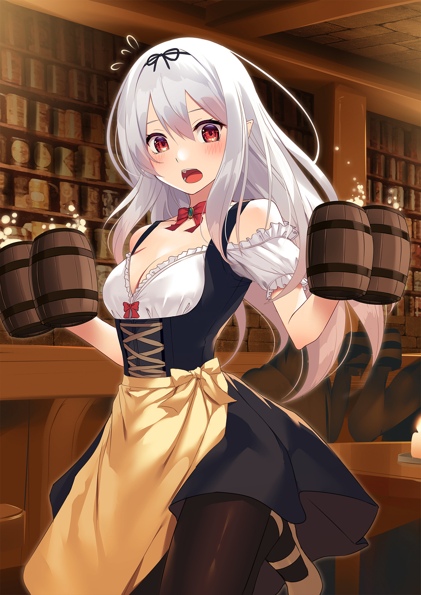 This is a pixiv picture whose title is 異世界酒場で働くハーフエルフちゃん.