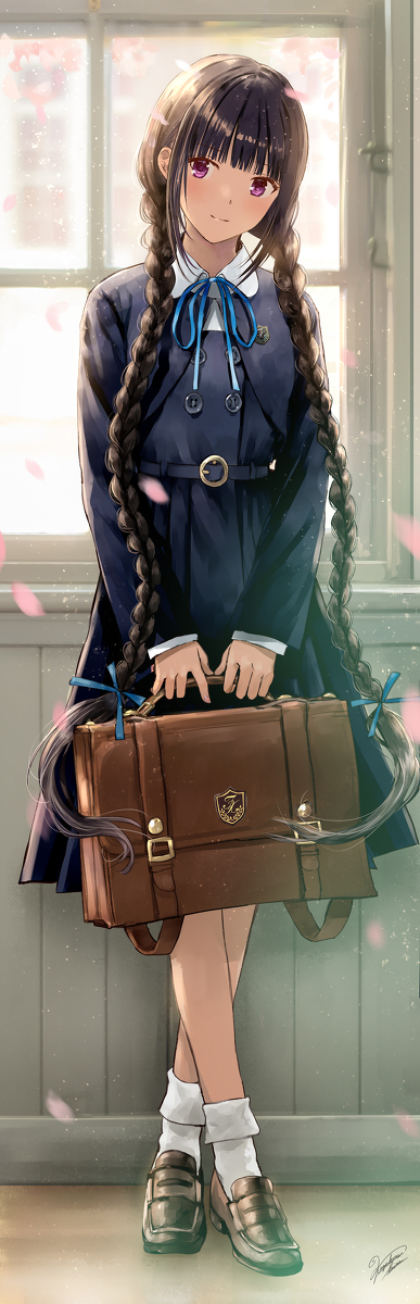 This is a pixiv picture whose title is クラシカルな学校制服。茶色の鞄と、三編みと。.