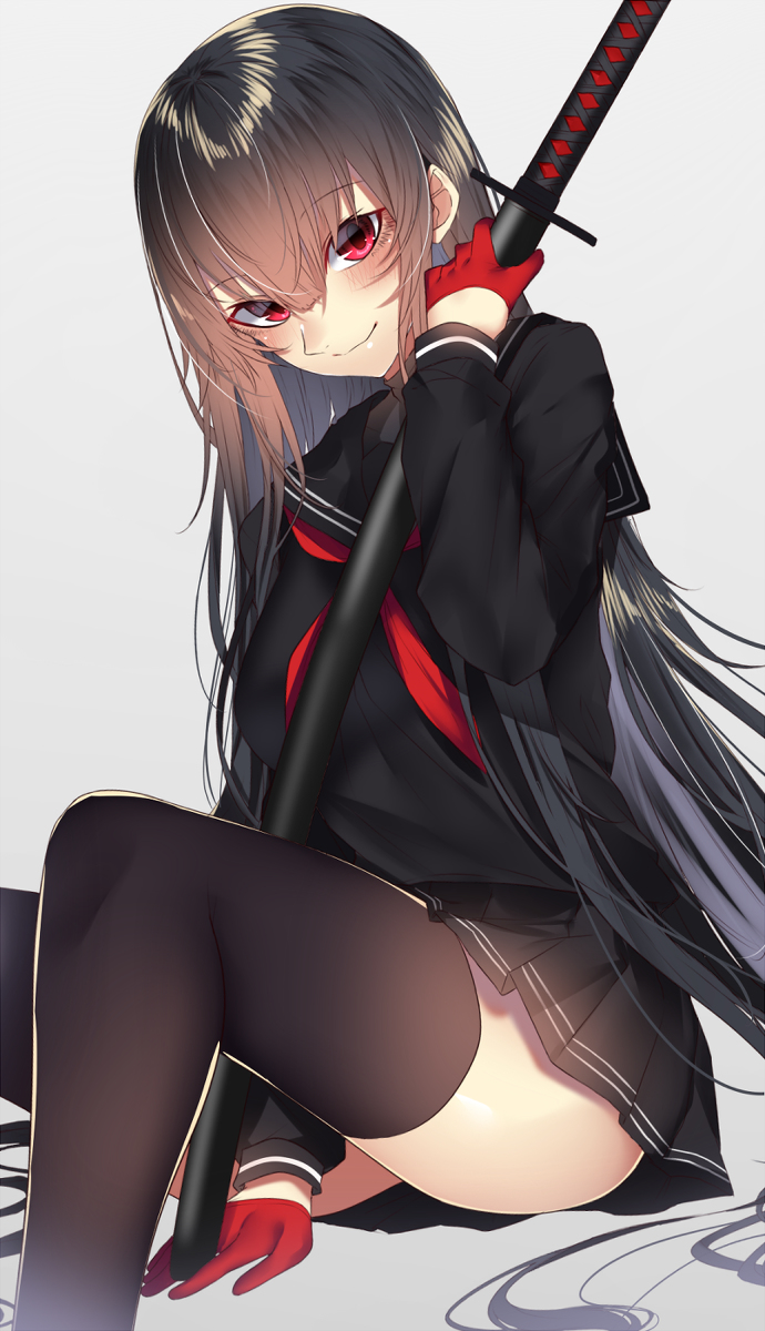 This is a pixiv picture whose title is 全体的に黒いセーラー服帯刀少女.