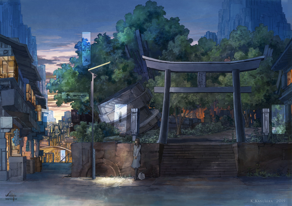 This is a pixiv picture whose title is 商店街裏通りの神社.
