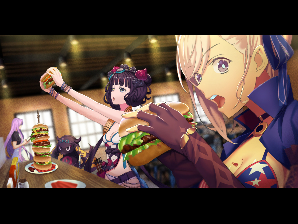 This is a pixiv picture whose title is ハンバーガー食べようとしてる水着武蔵ちゃん🍔 🍔 🍔.