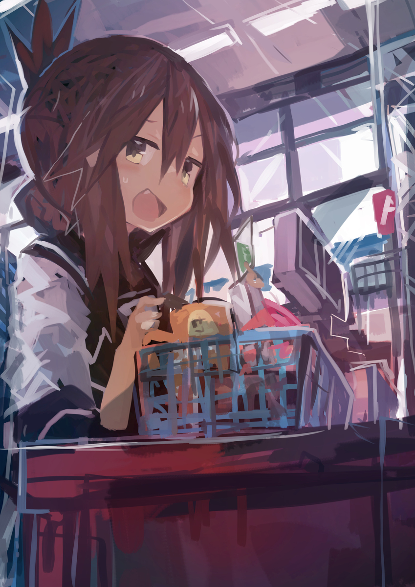 This is a pixiv picture whose title is 艦これコラボグッズを一気買いするといざ会計で気恥ずかしい電ちゃん.