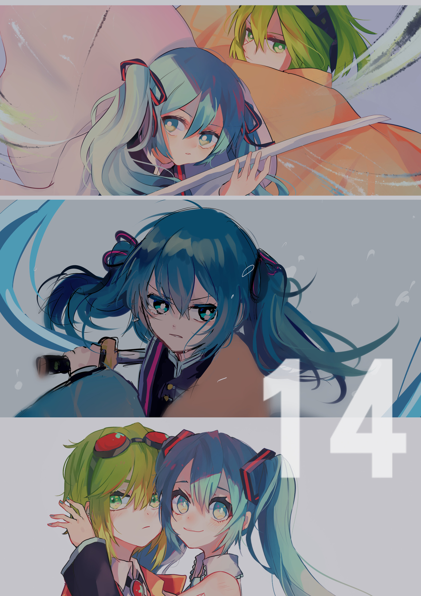 This is a pixiv picture whose title is GUMIKU GUMI x 初音ミク log14(鬼滅paro).