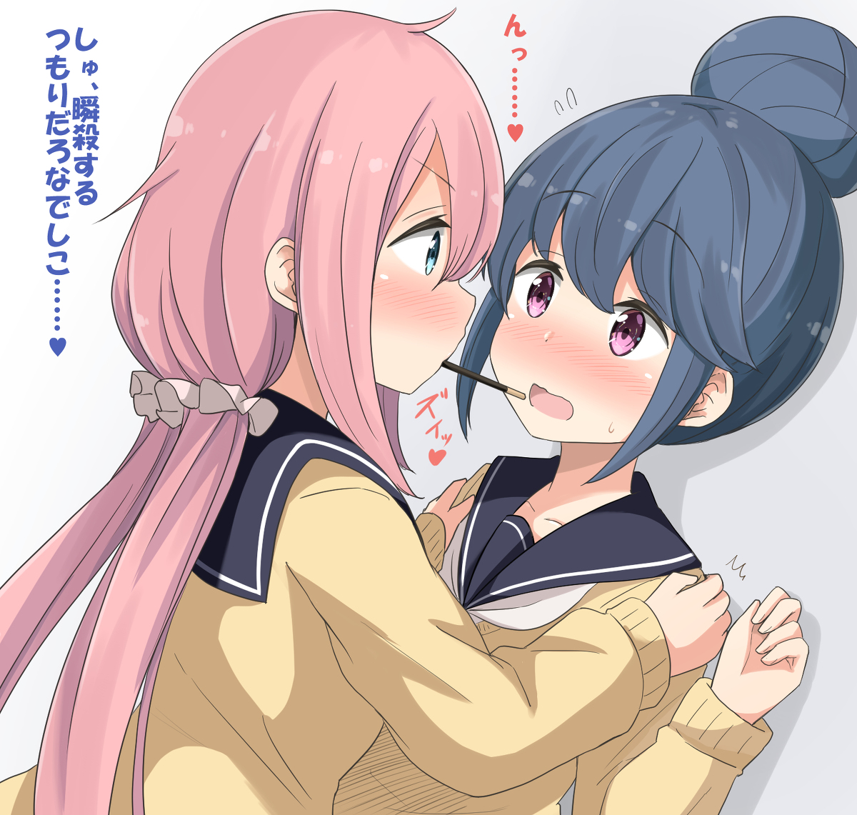 This is a pixiv picture whose title is ポッキーゲームと言いつつ実質キスをせがむなでしこ(*'▽').