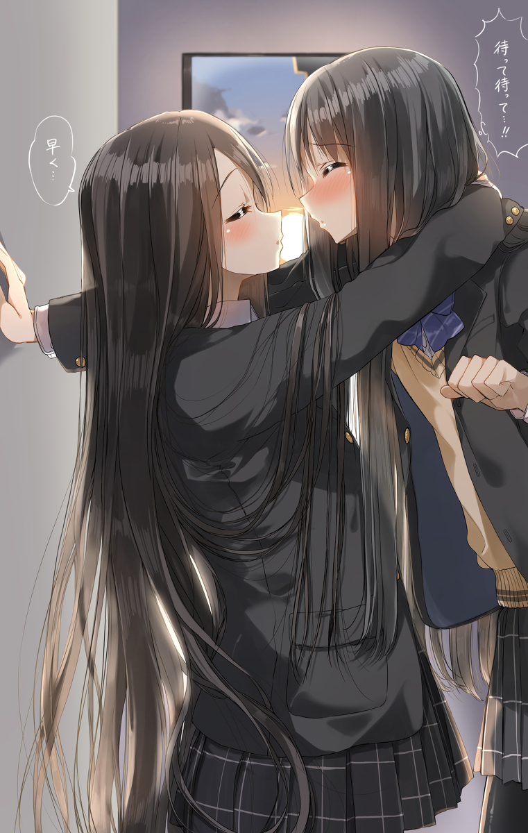 This is a pixiv picture whose title is 壁ドンしたら、された側がキスを求めてきて逆に恥ずかしくなるJK.