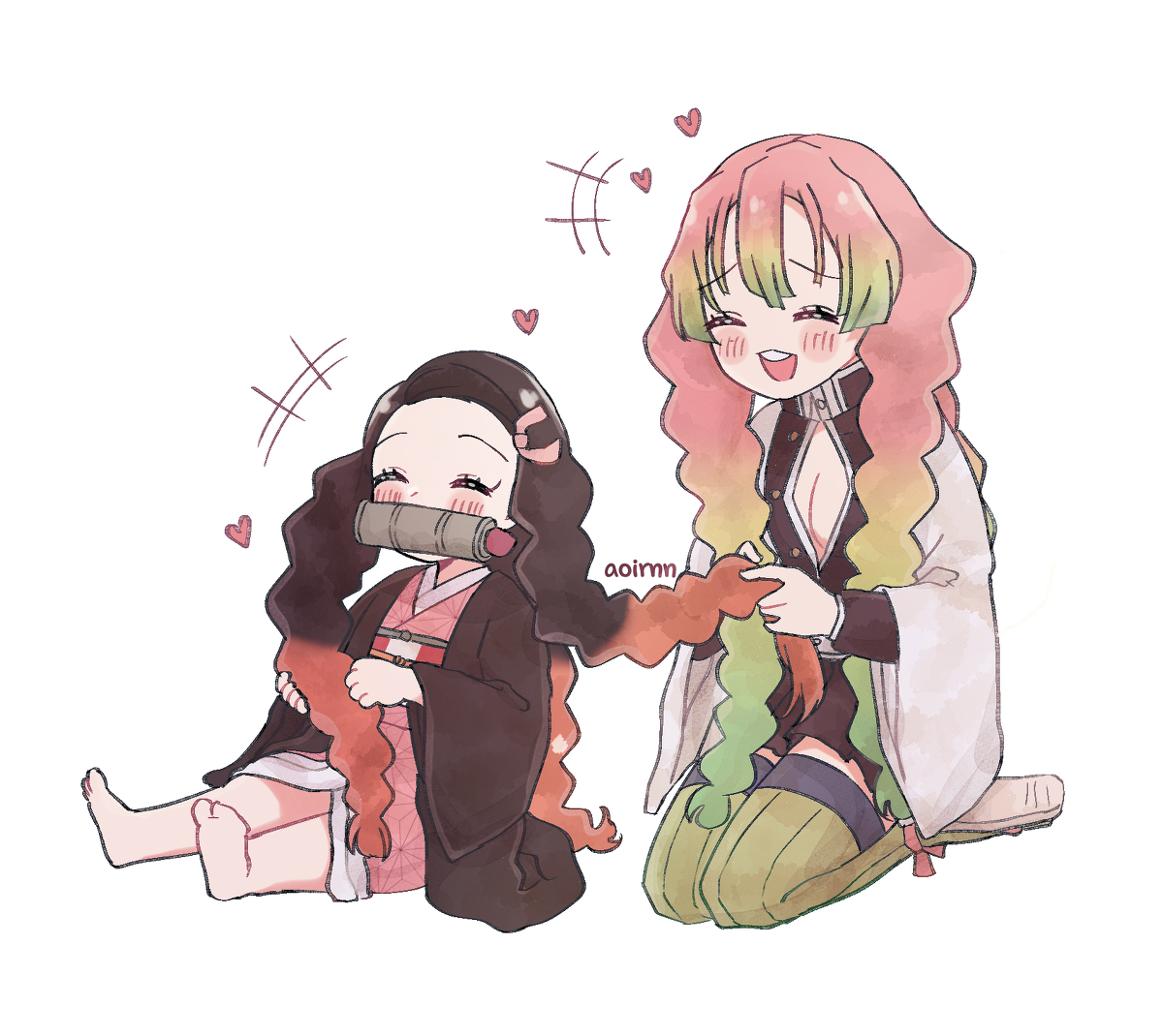 This is a pixiv picture whose title is 甘露寺蜜璃&竈門 禰豆子.
