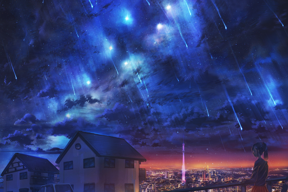 This is a pixiv picture whose title is 星雨の夜景.