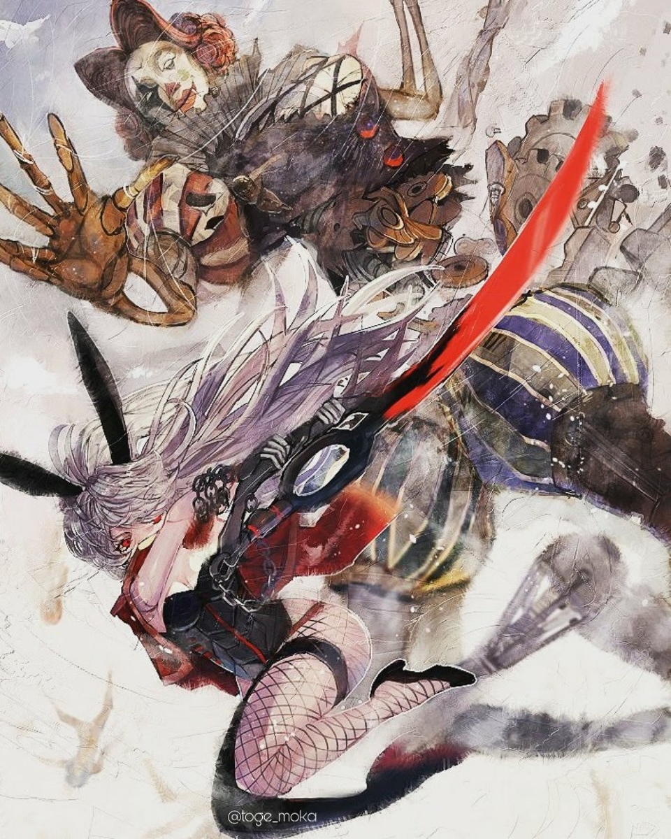 This is a pixiv picture whose title is 兎の兵と巨大ピエロ.