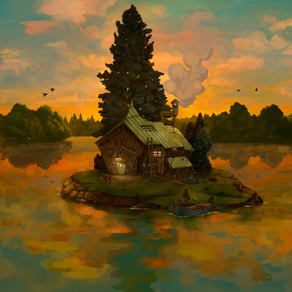 This is a pixiv picture whose title is 湖畔の小屋.