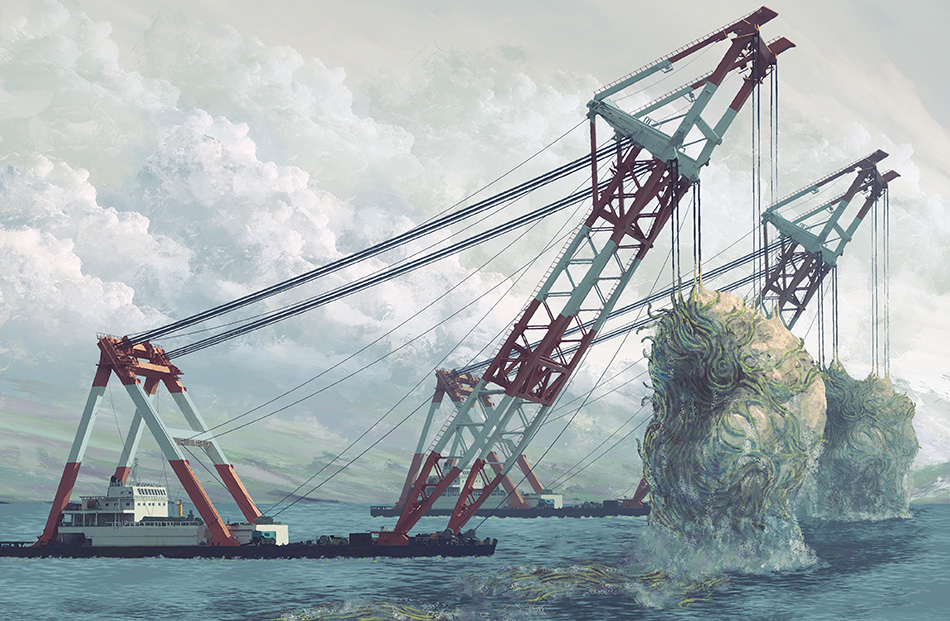 This is a pixiv picture whose title is 水雷課　起重機船団.