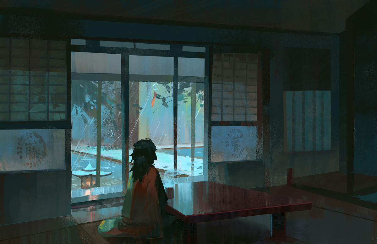 This is a pixiv picture whose title is 朝の雨 ロゴ.