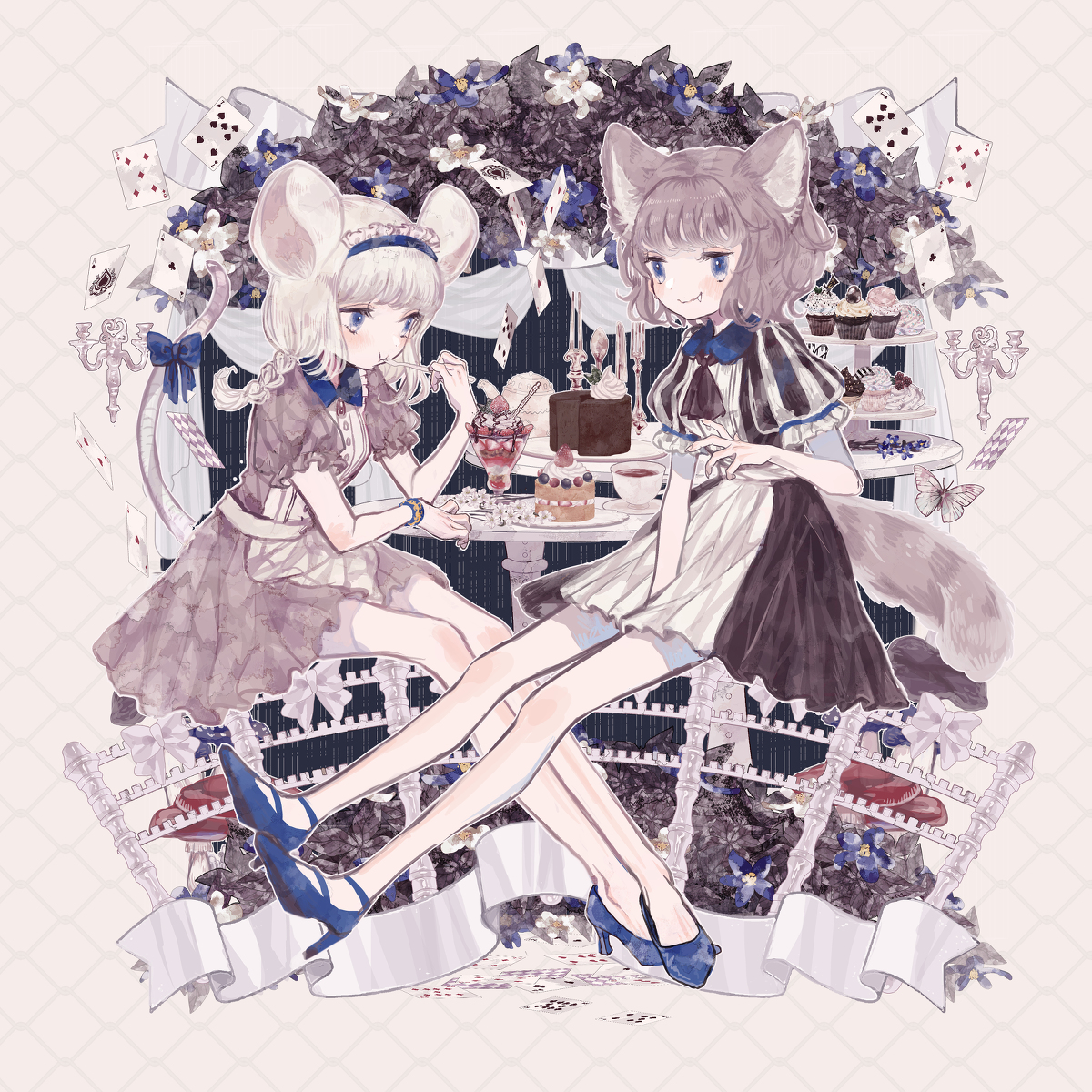 This is a pixiv picture whose title is 『不思議の国のアリス』より/眠りネズミとチェシャ猫.
