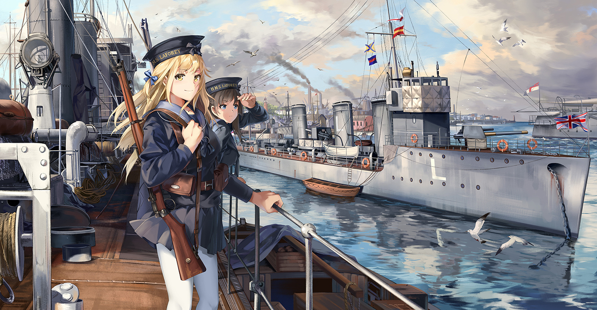 This is a pixiv picture whose title is 港湾、少女と駆逐艦.