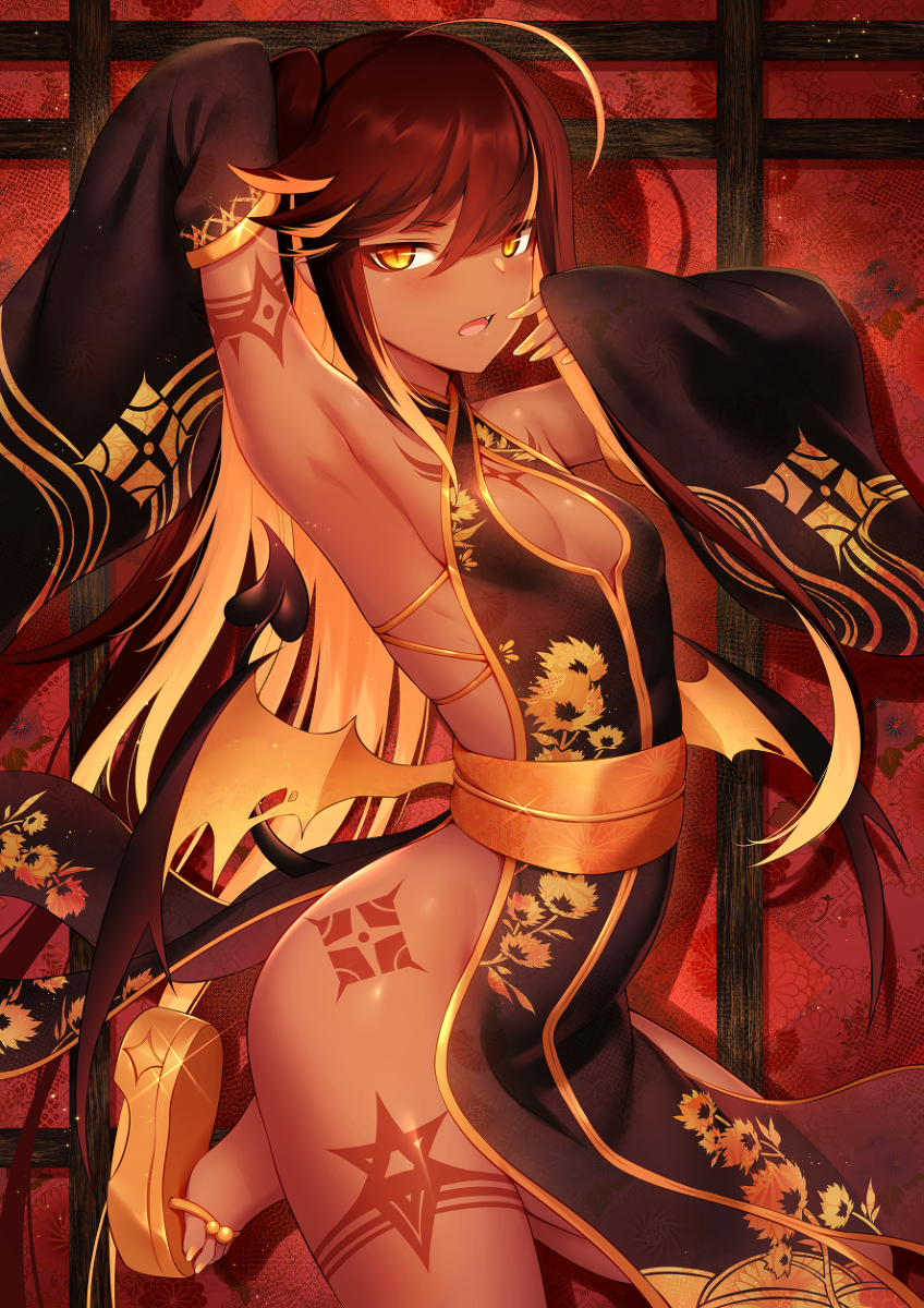 This is a pixiv picture whose title is 和服褐色サキュバス.