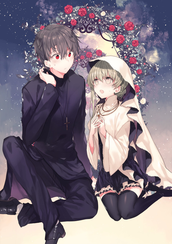 This is a pixiv picture whose title is 『白聖女と黒牧師』Ⅴ＆ボイスコミック化！.