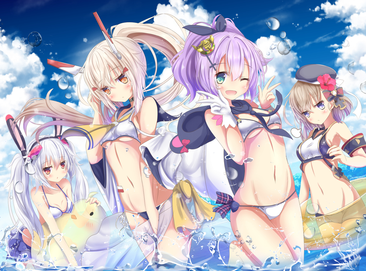 This is a pixiv picture whose title is 水着初期艦たち.