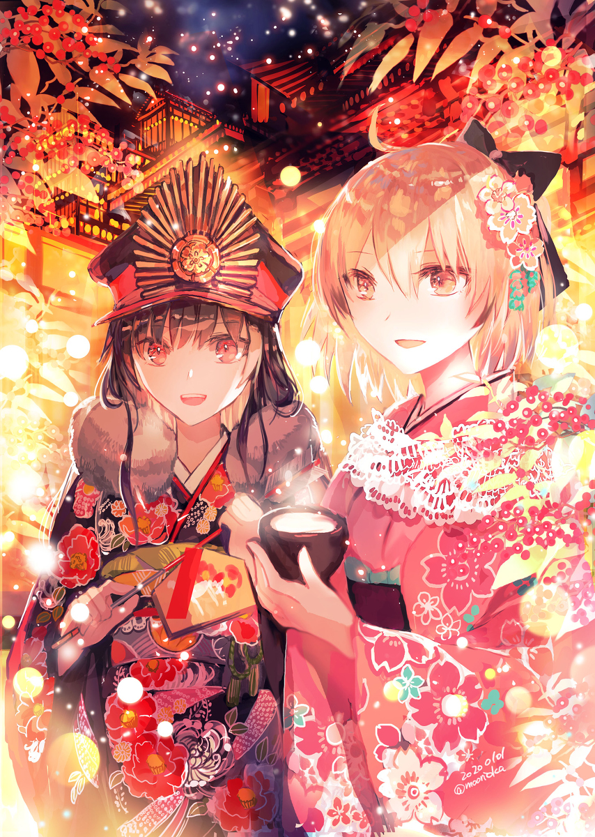 This is a pixiv picture whose title is 新年（沖田さんとノッブ）.