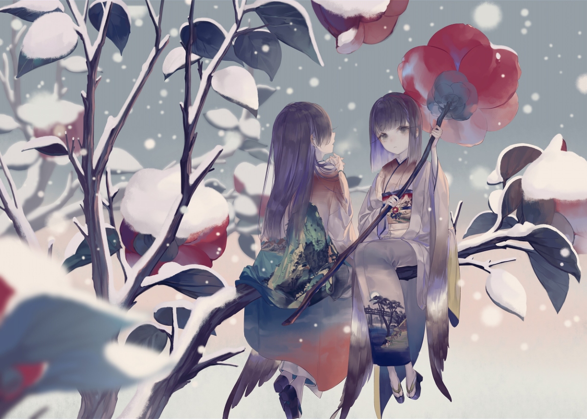 This is a pixiv picture whose title is 寒中椿と雀.