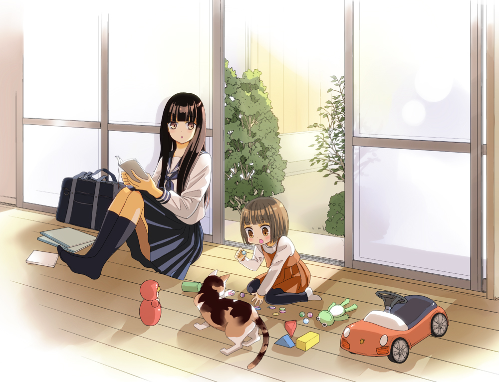 This is a pixiv picture whose title is JCと幼女と猫.