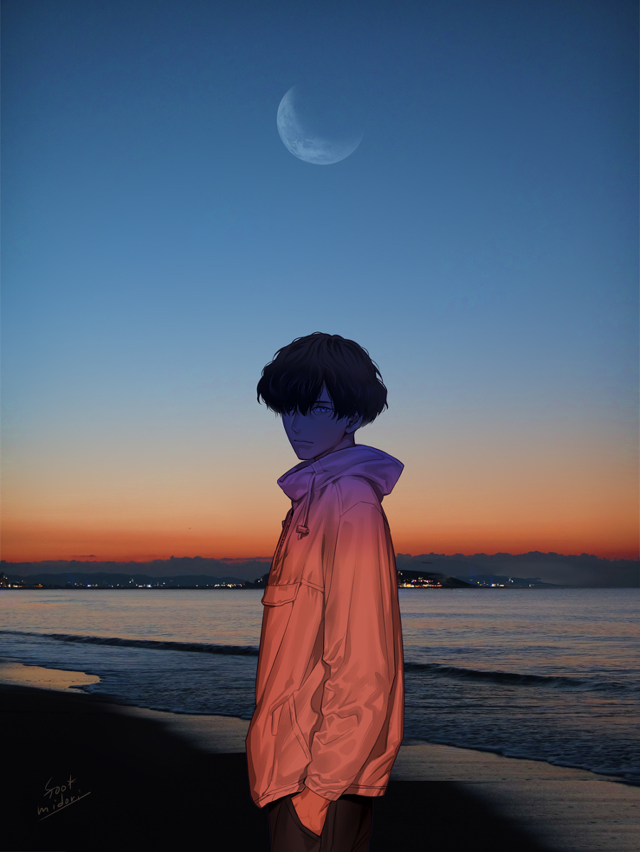 This is a pixiv picture whose title is 消えゆく月に.