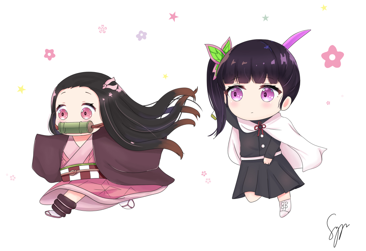 This is a pixiv picture whose title is Nezuko X Kanao Chibi.