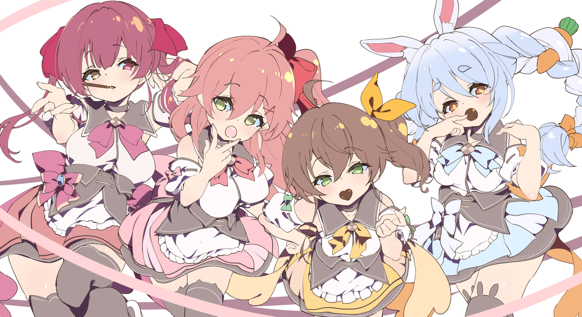 This is a pixiv picture whose title is 【バレンタイン】マリン×みこ×まつり×ぺこら【キッス】.