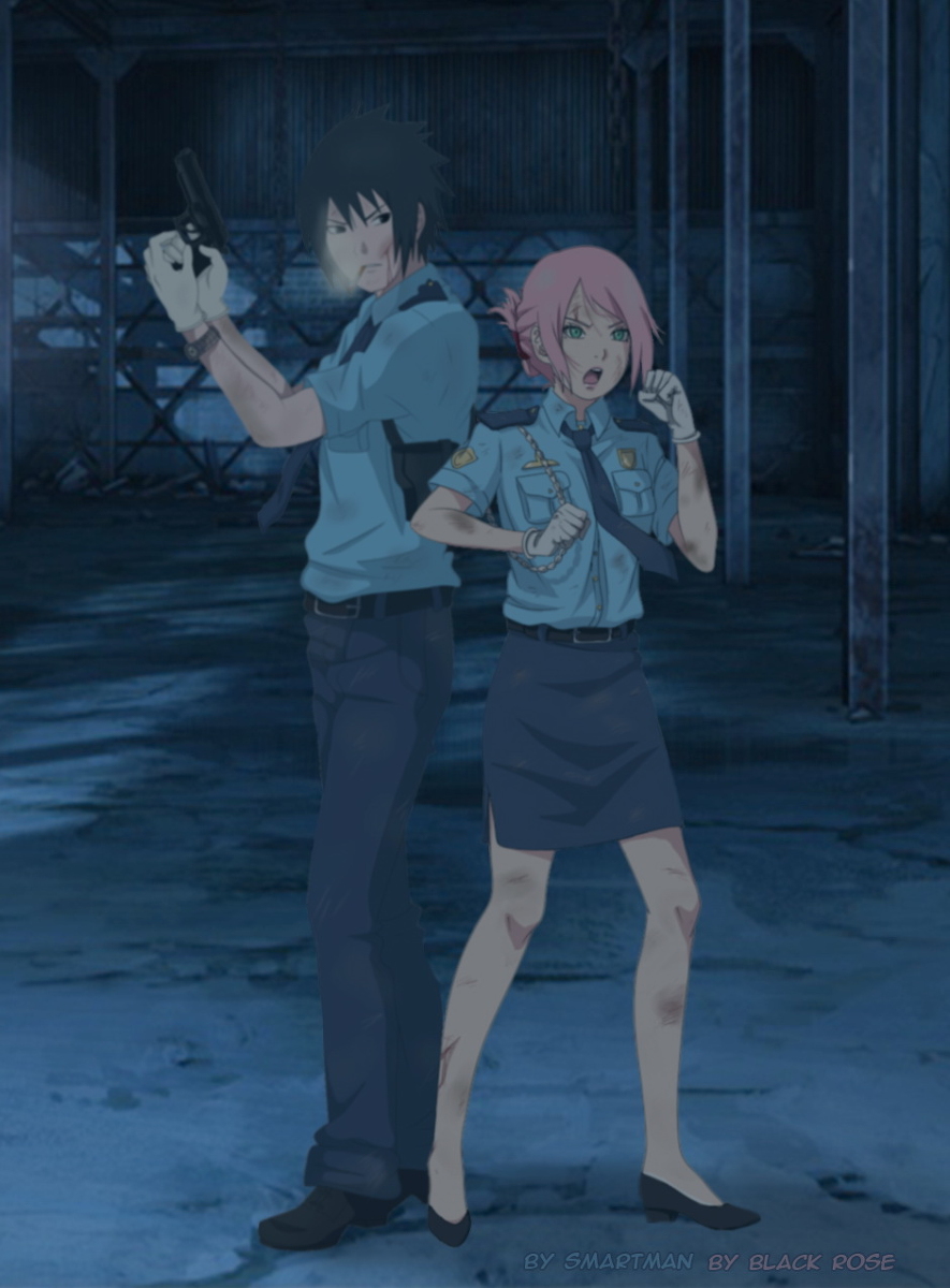 This is a pixiv picture whose title is SasuSaku police (anime version).