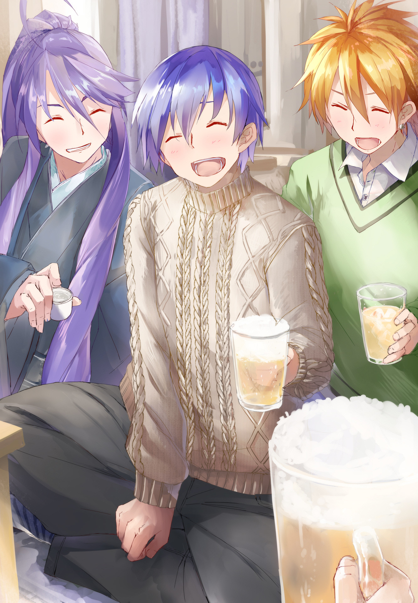 This is a pixiv picture whose title is カイト兄さんの誕生日にて、宅飲み、出来上がっていく男たち.