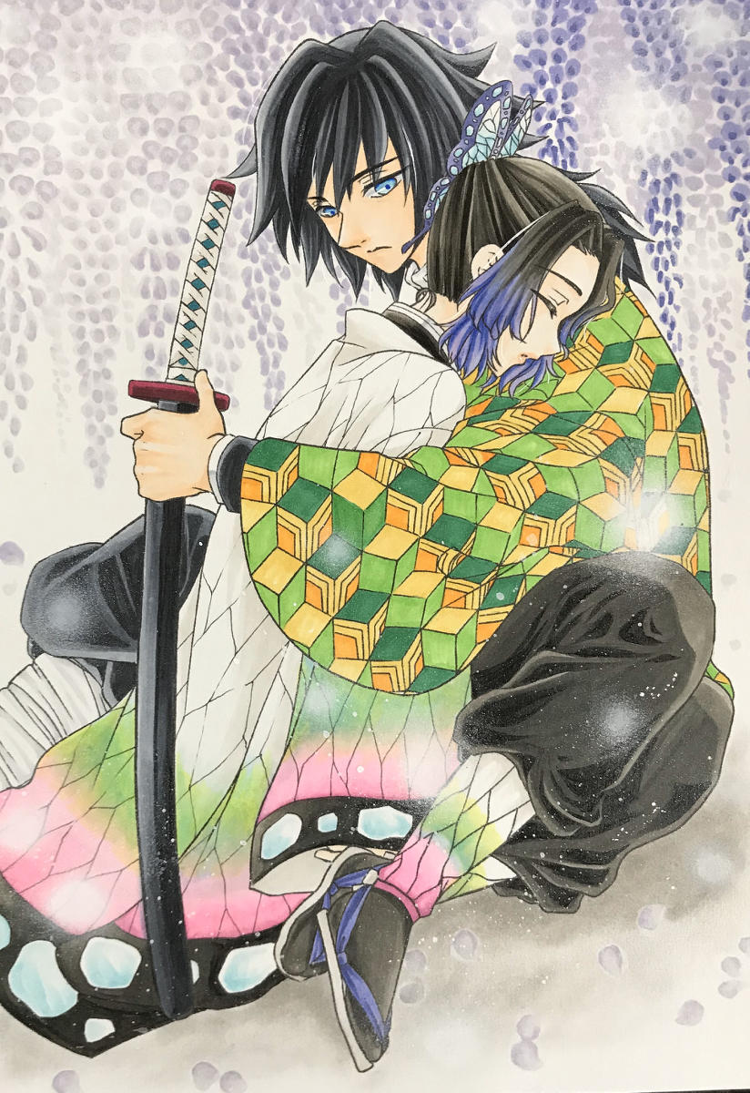 This is a pixiv picture whose title is 手描きイラスト　鬼滅の刃　冨岡義勇　胡蝶しのぶ.