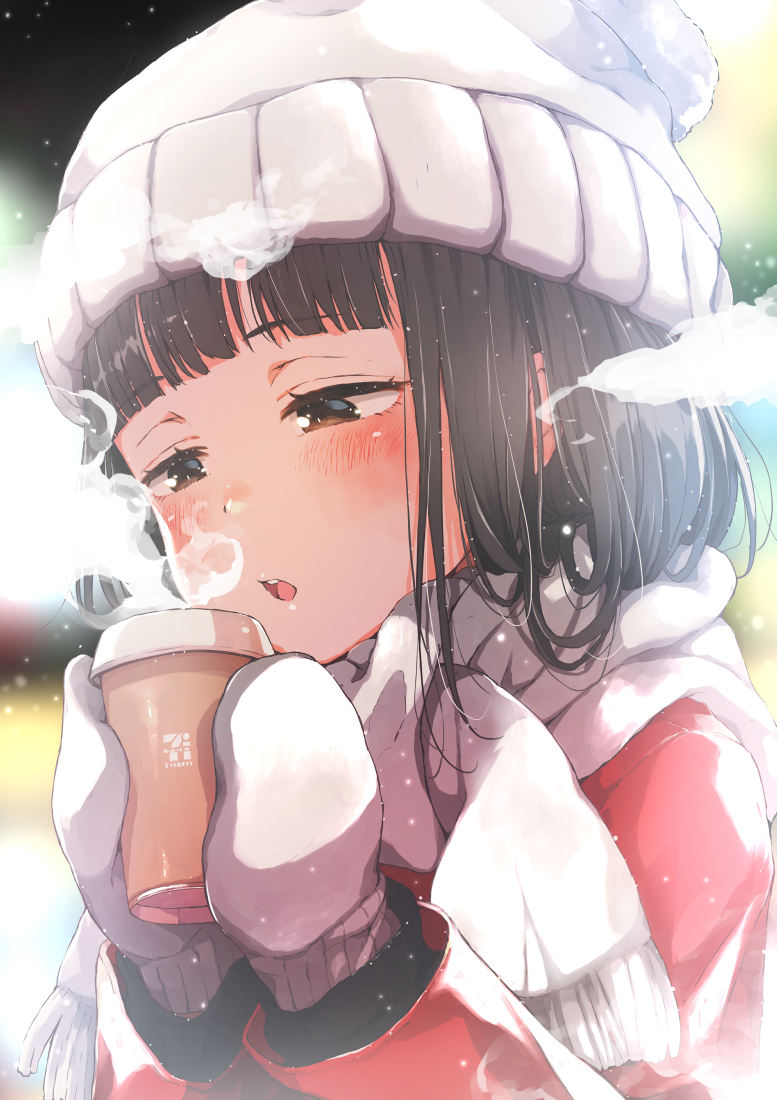 This is a pixiv picture whose title is セブンのホットカフェラテをふーふーする子ちゃん.