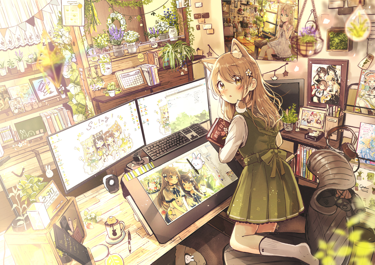 This is a pixiv picture whose title is 絵描き娘の作業部屋.