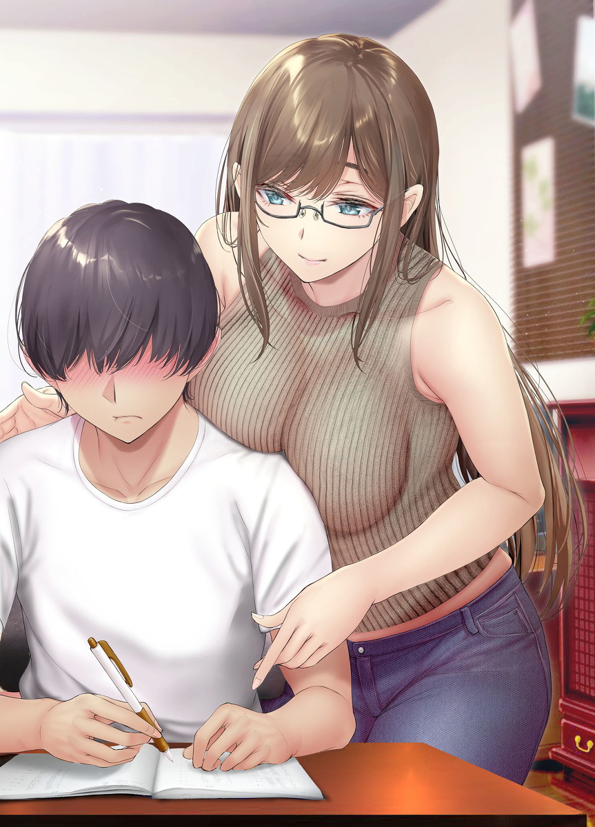 This is a pixiv picture whose title is 気になる教え子がテストでいい点をとると、ご褒美に胸を押し当て、～.