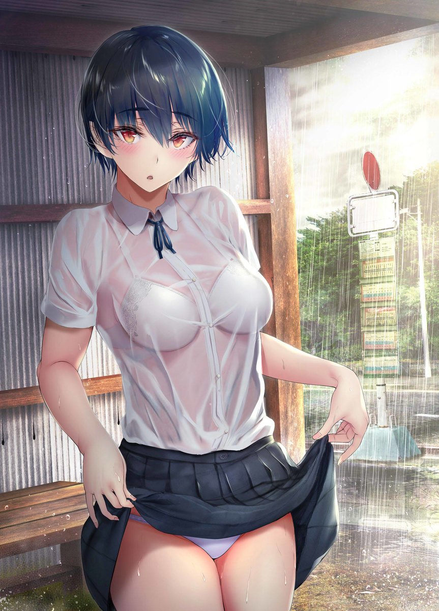 This is a pixiv picture whose title is 気になる男子と下校中、夕立に降られバス停で雨宿りをしている際に～.