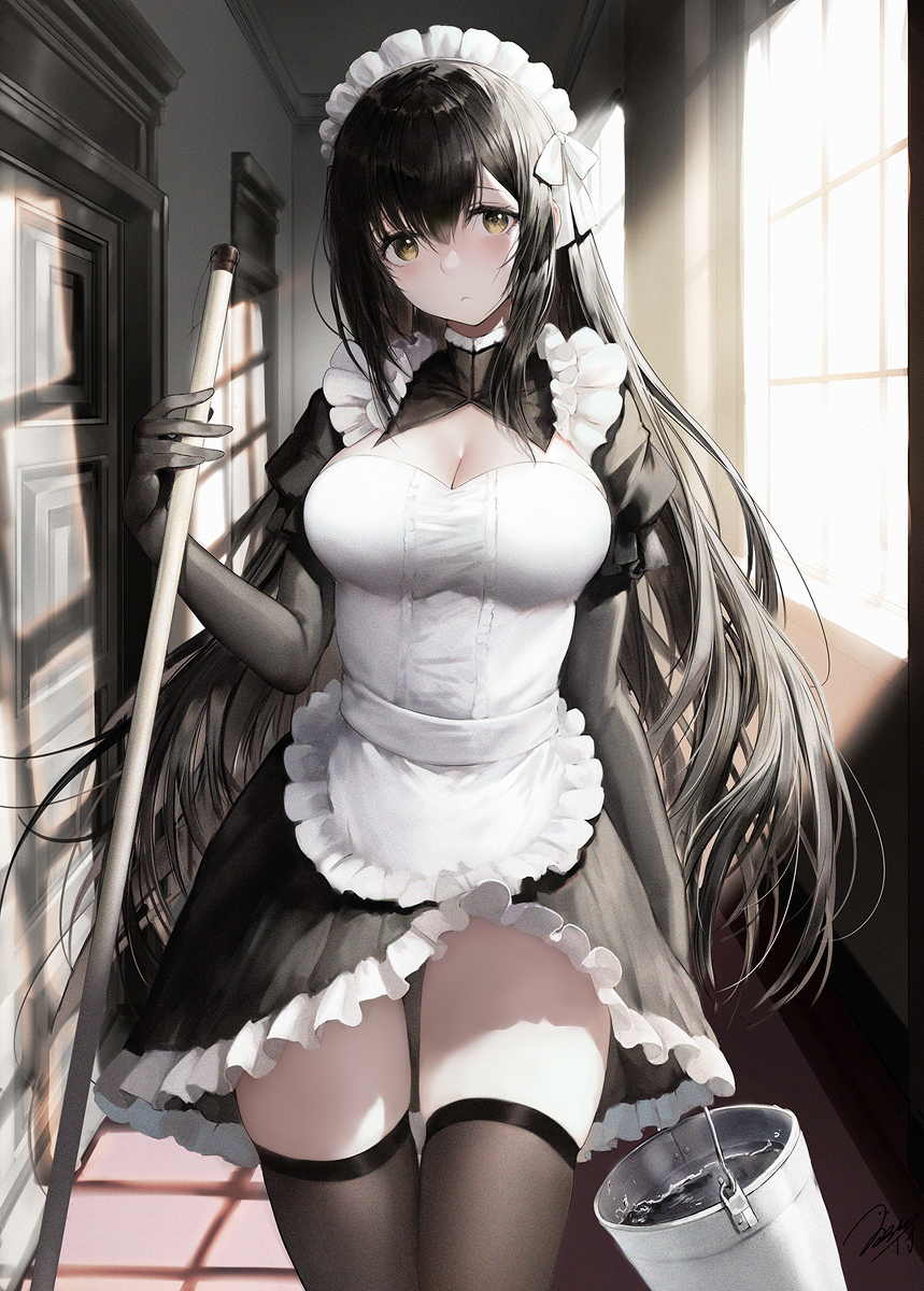 This is a pixiv picture whose title is 黒髪メイドちゃんの朝.