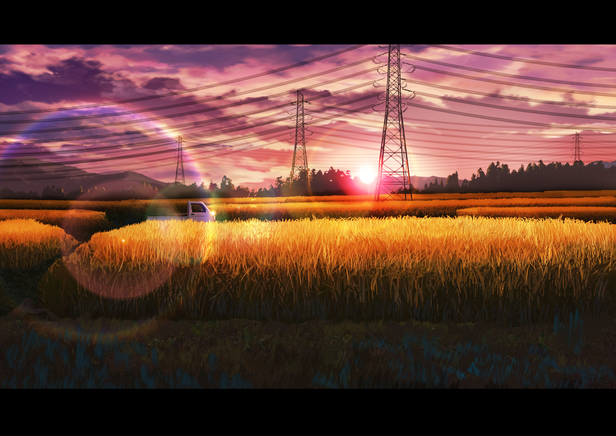 This is a pixiv picture whose title is 夕暮れの稲田.