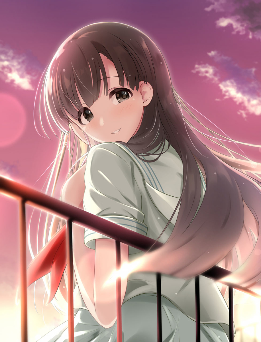 This is a pixiv picture whose title is 夕焼けの屋上で.