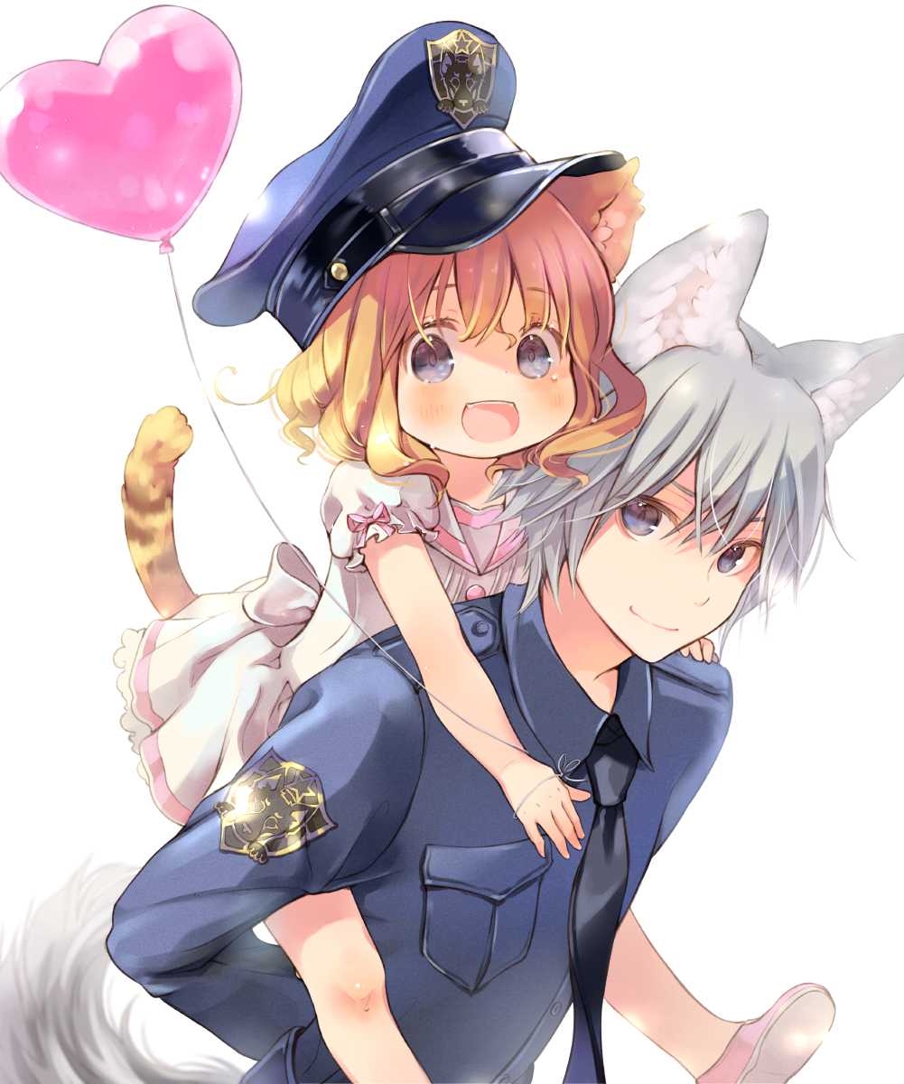 This is a pixiv picture whose title is 犬のお巡りさんと迷子のにゃんこ.