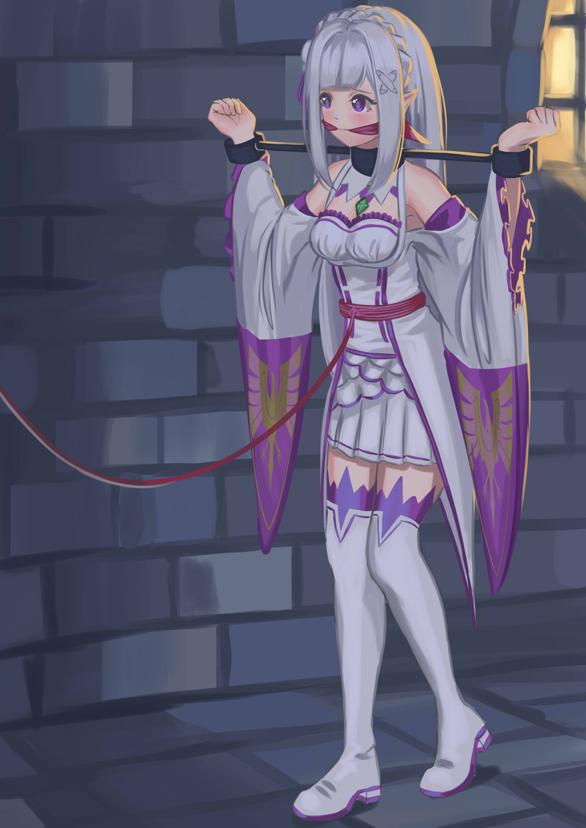 This is a pixiv picture whose title is emilia spreader handcuffed.