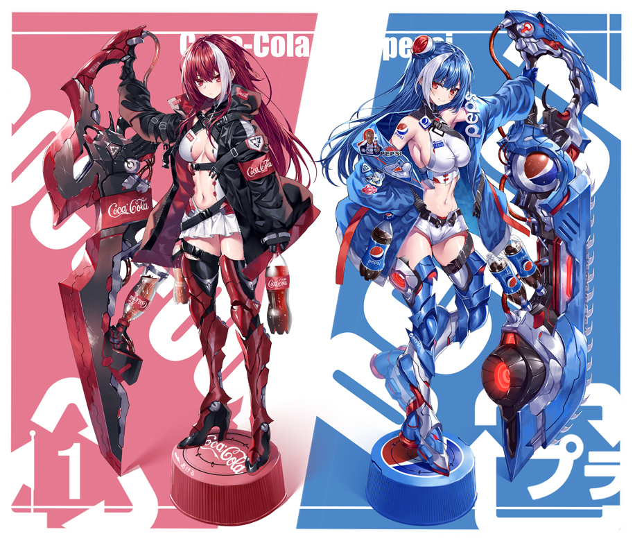 This is a pixiv picture whose title is 炭酸武装少女「コカ・コーラ」＆「ペプシ」.