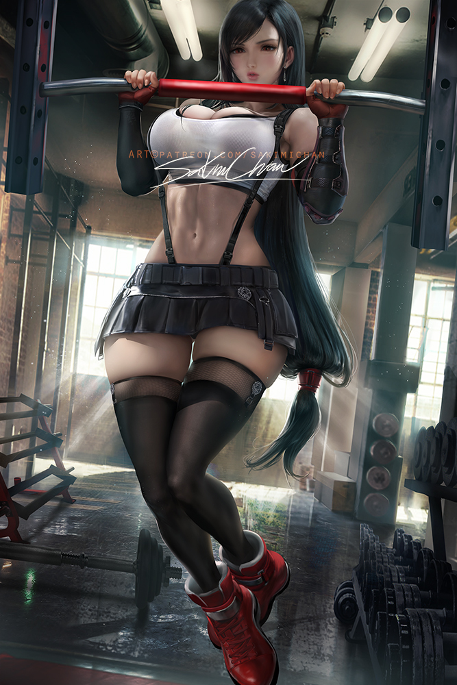 This is a pixiv picture whose title is 蒂法引体向上锻炼 Tifa pullup.