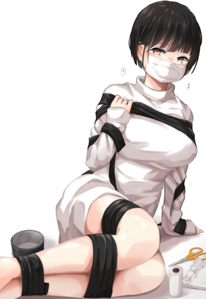 This is a pixiv picture whose title is 白いテープで口を塞がれた女の子.