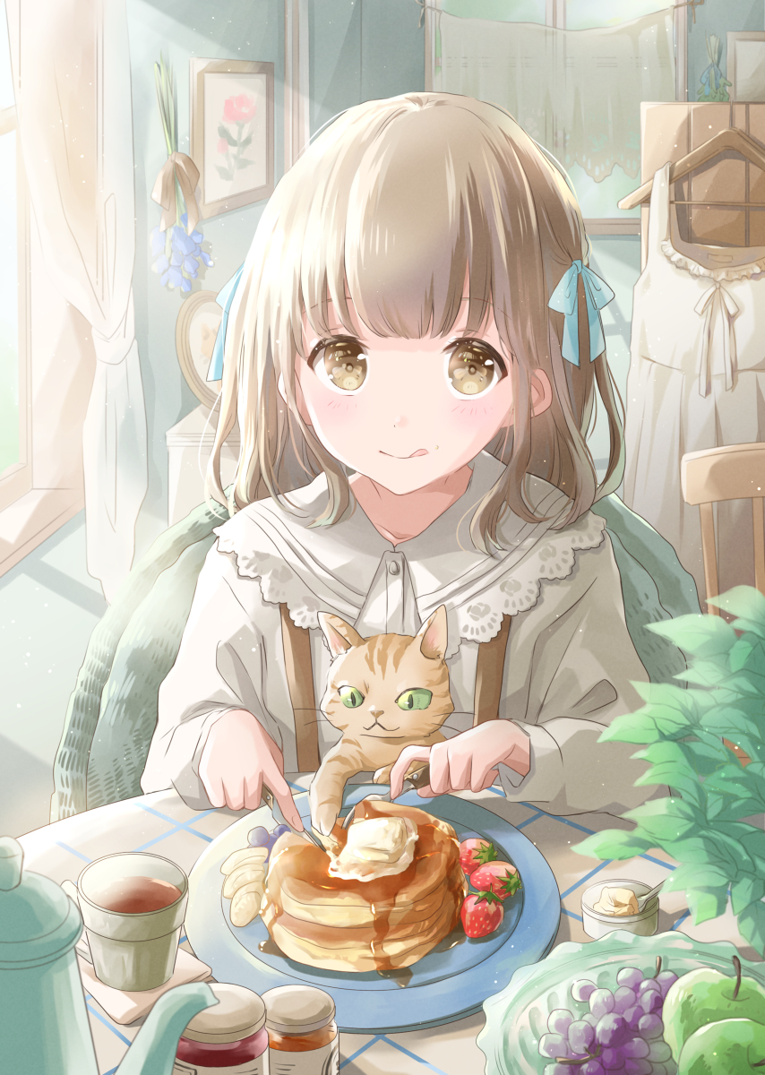 This is a pixiv picture whose title is 猫とパンケーキ.