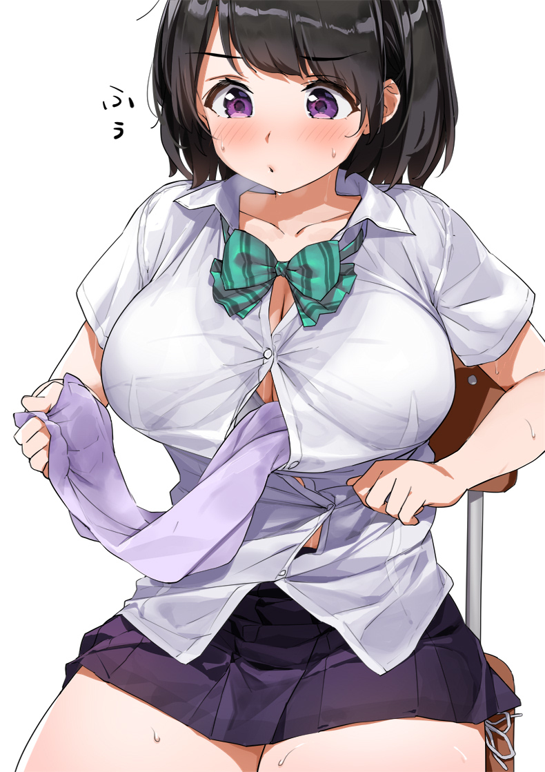 This is a pixiv picture whose title is 谷間や下乳の汗をタオルで拭く紐パンJK.