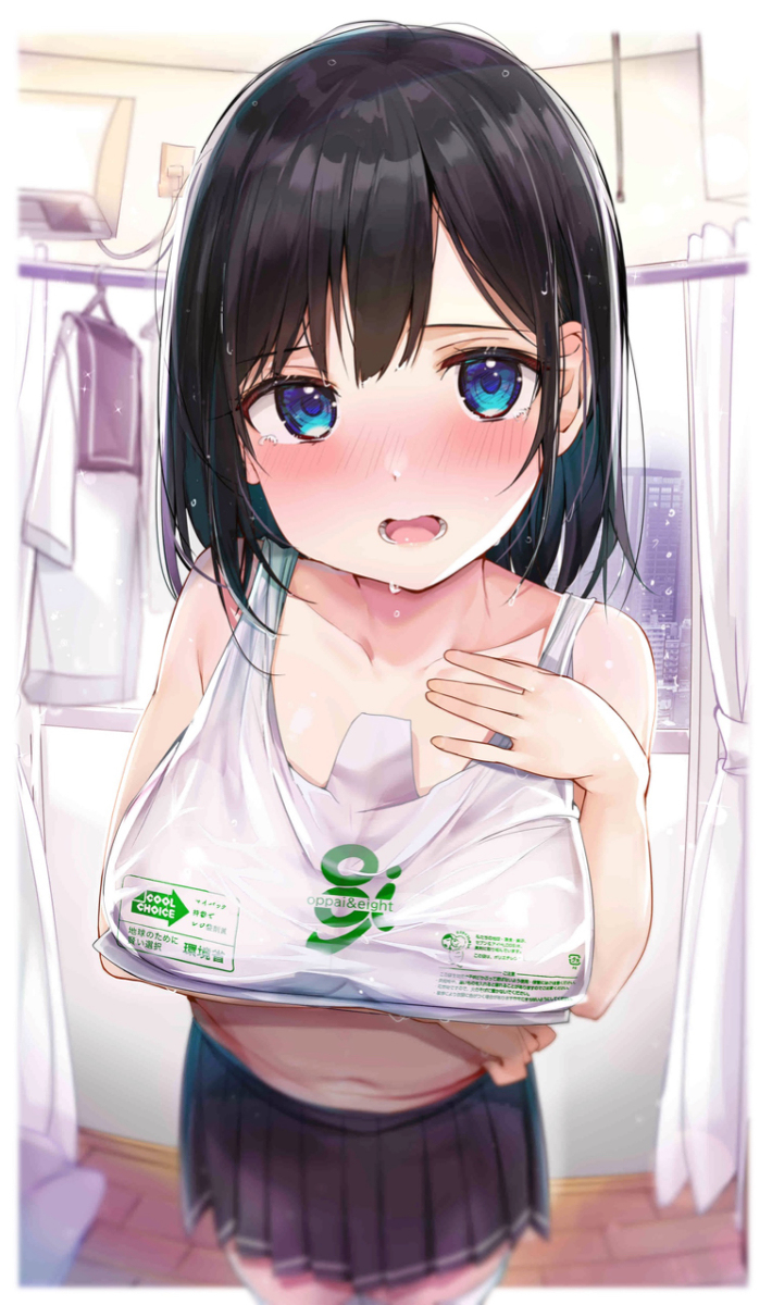 This is a pixiv picture whose title is コンビニ袋でおっぱいを隠す女の子.