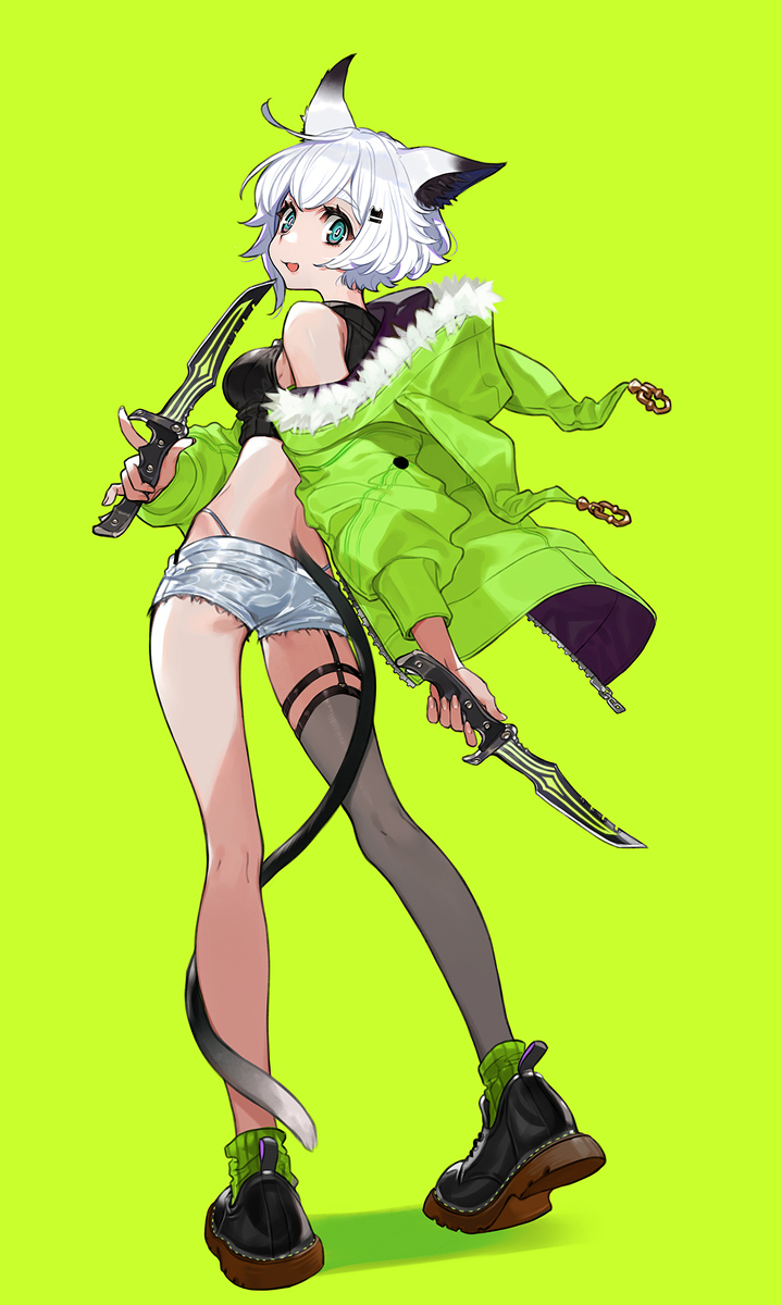 This is a pixiv picture whose title is 蛍光グリーン×ネコチャン.