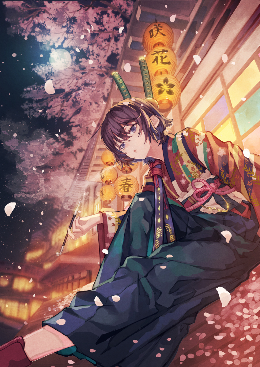 This is a pixiv picture whose title is 夜桜街.