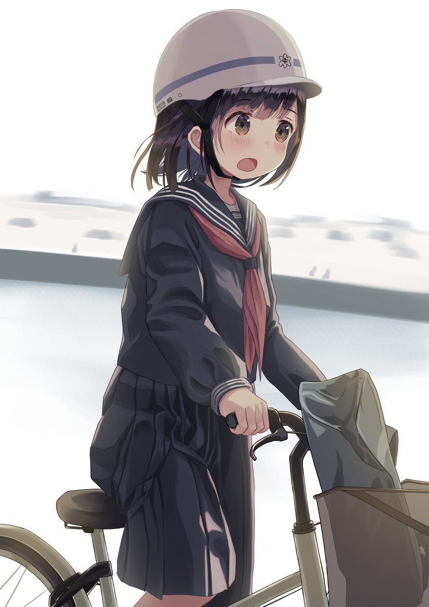 This is a pixiv picture whose title is ヘルメットで自転車登校.