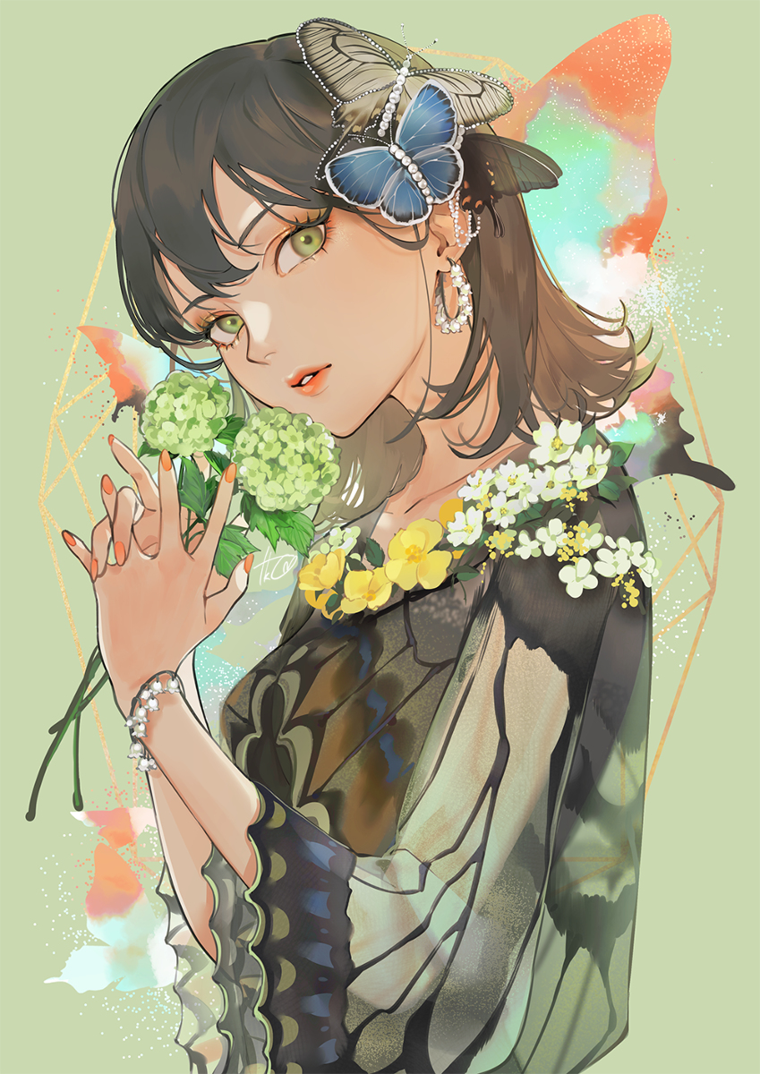 This is a pixiv picture whose title is 🦋💐💚.