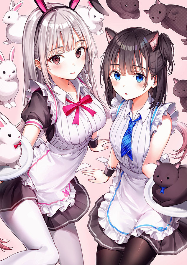 This is a pixiv picture whose title is ウサギャルちゃんとネコーハイちゃん.