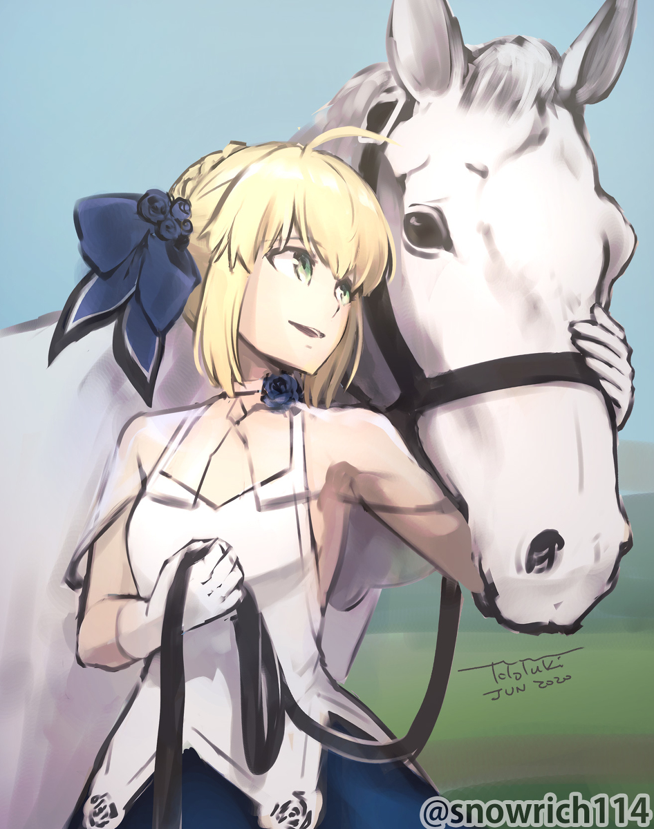 This is a pixiv picture whose title is 【FGO】らくがき。JRAコラボ　アルトリアさんと馬.